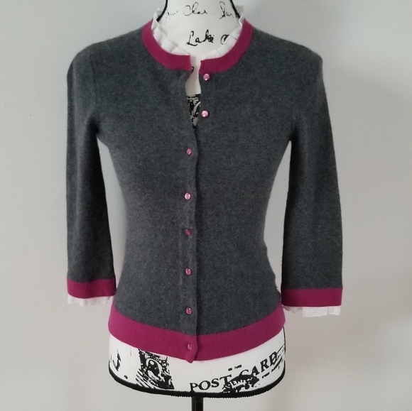 Sutton Cashmere Gray/Fuchsia/White button Cardigan - Picture 3 of 8